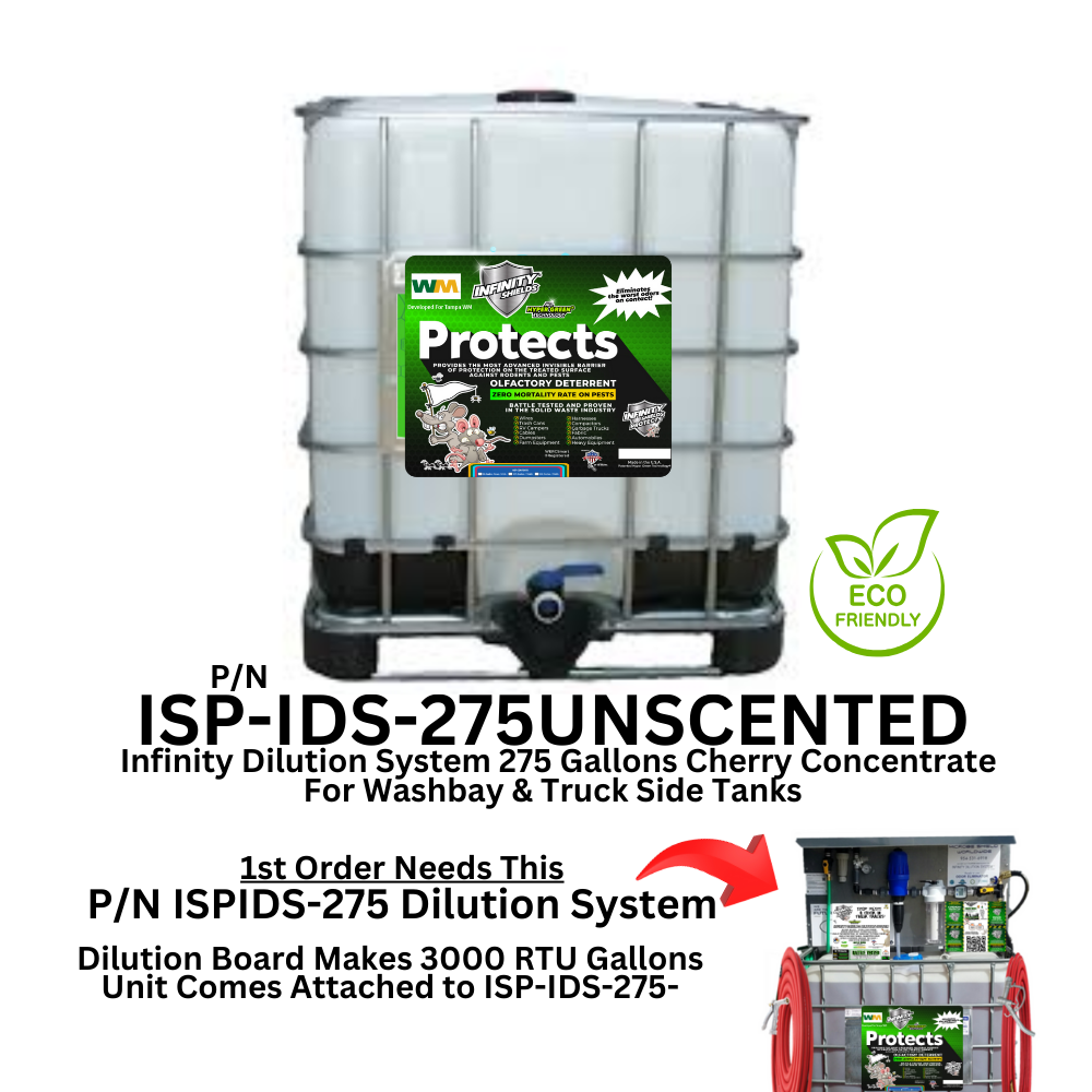 Contenedor de 275 galones con sistema de dilución que protege el concentrado y produce 3000 galones listos para usar