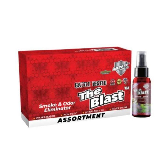 The Blast Smoke & Odor Eliminator | 6 Pack Sleeve | 1.67oz Mini Mist Bottles | Assorted Scents | Ocean Breeze • New Car • Rose Petal • Vanilla • Baby Powder • Orange