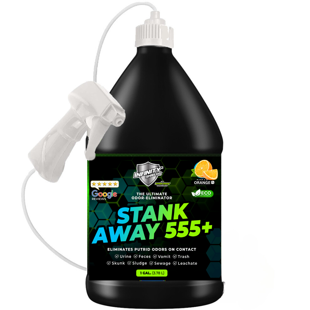 Infinity Shields Stank Away | 555Plus Hyper Green® Odor Eliminator | 128 oz Jug Remote Sprayer | Orange