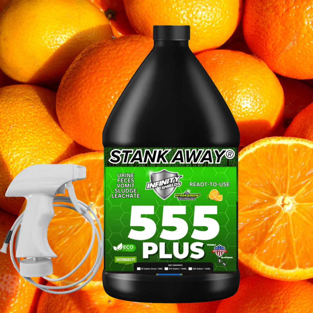 Infinity Shields Stank Away | 555Plus Hyper Green® Odor Eliminator | 128 oz Jug Remote Sprayer | Orange