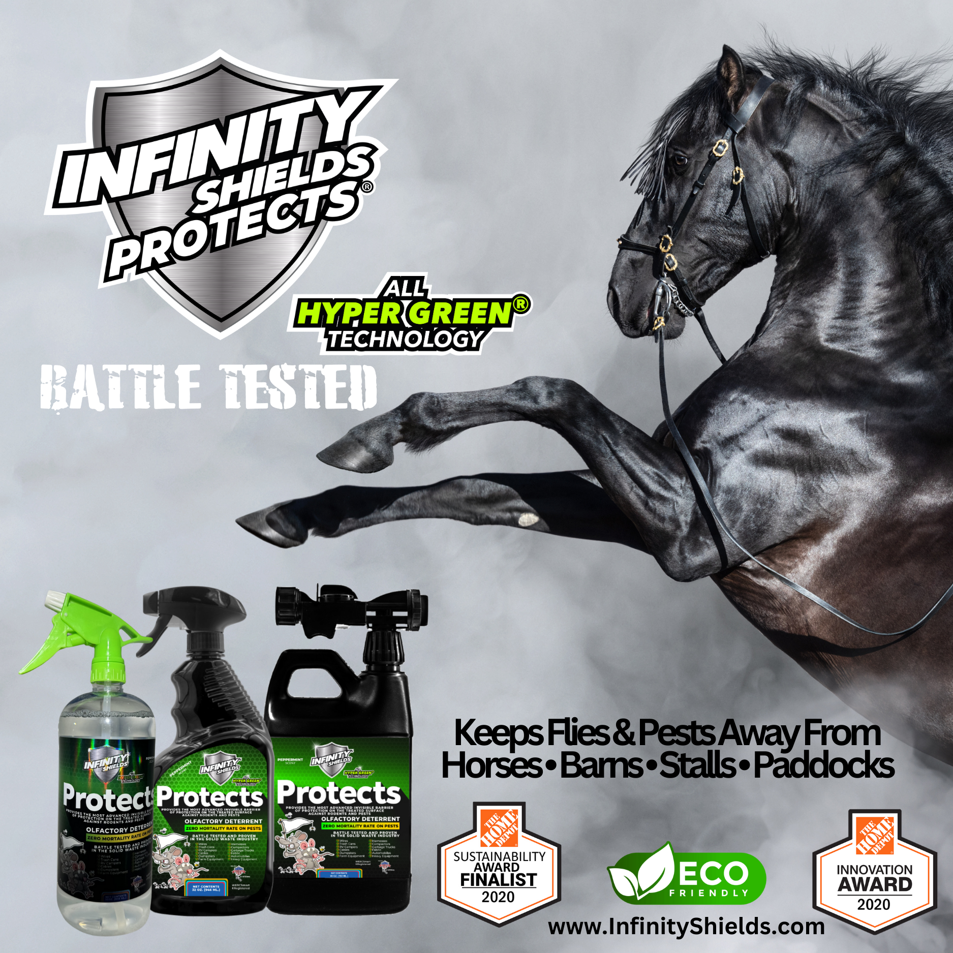 Infinity Shields Protects | Equestrian Fly Deterrent | 1 Gallon Spray Jug | Peppermint Mist - Hyper Green