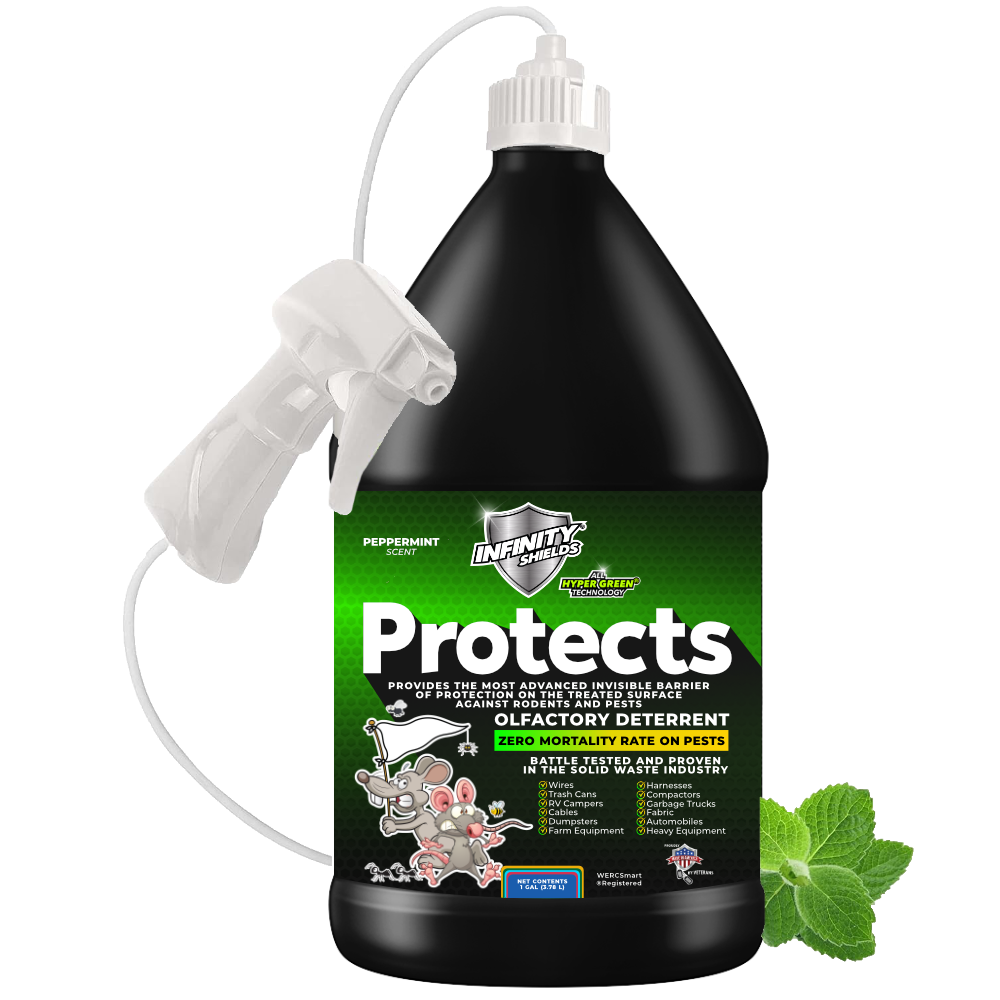 Infinity Shields Protects | Rodent Deterrent Spray | Hyper Green | Long-Lasting 128oz Jug Remote Sprayer Peppermint | Pallet  45 Cases 180 Jugs