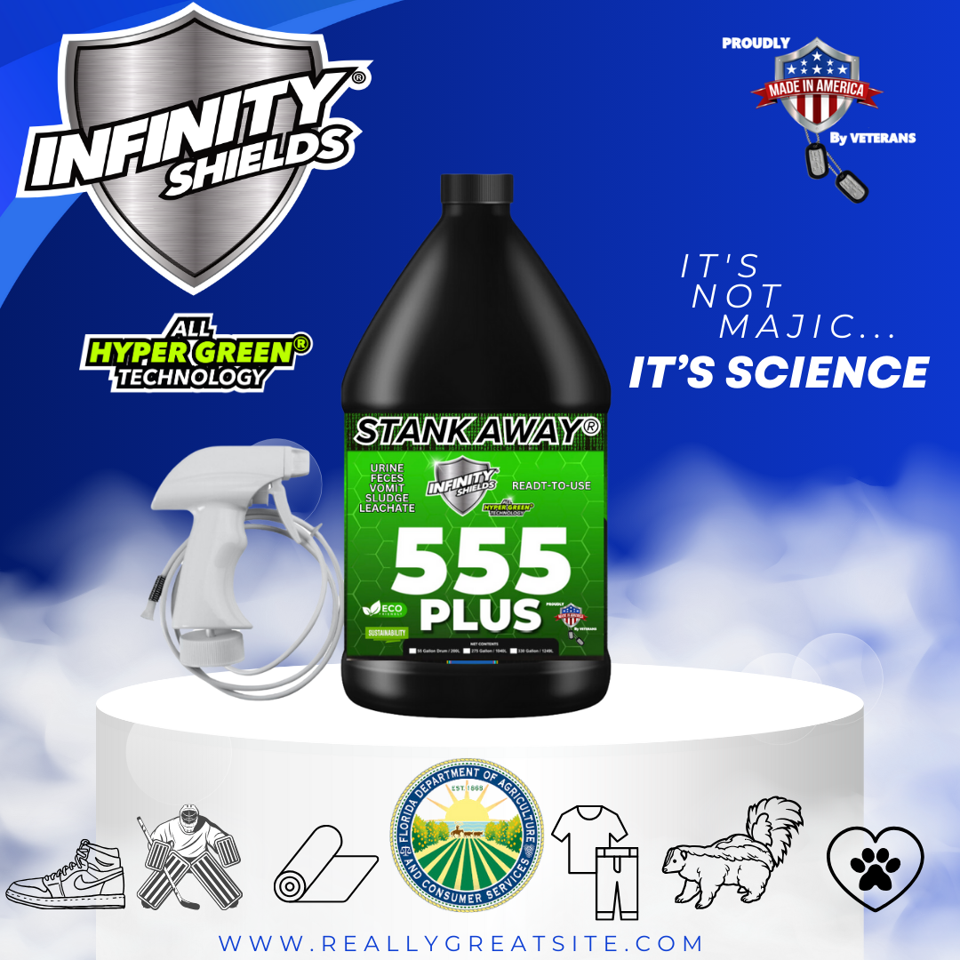 Infinity Shields Stank Away | 555Plus Hyper Green® Odor Eliminator | 128 oz Jug Remote Sprayer | Unscented | Ready-To-Use