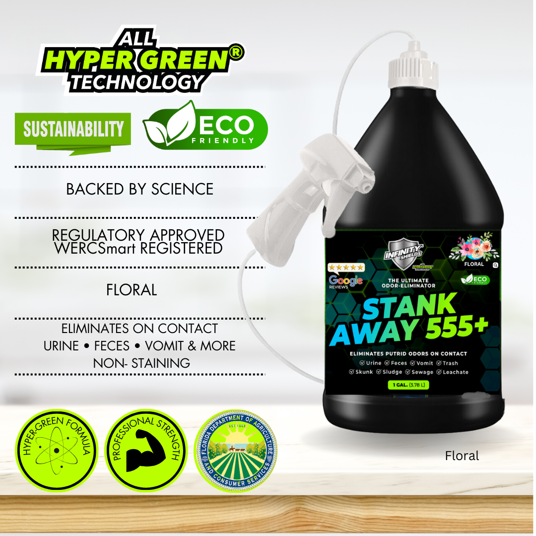 Infinity Shields Stank Away | 555Plus Hyper Green® Odor Eliminator | 128 oz Jug Remote Sprayer