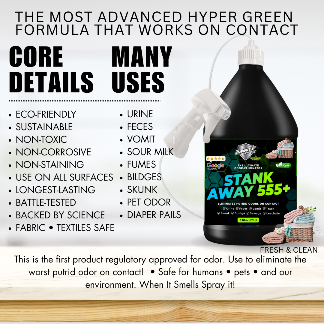 Infinity Shields Stank Away | 555Plus Hyper Green® Odor Eliminator | 128 oz Jug Remote Sprayer