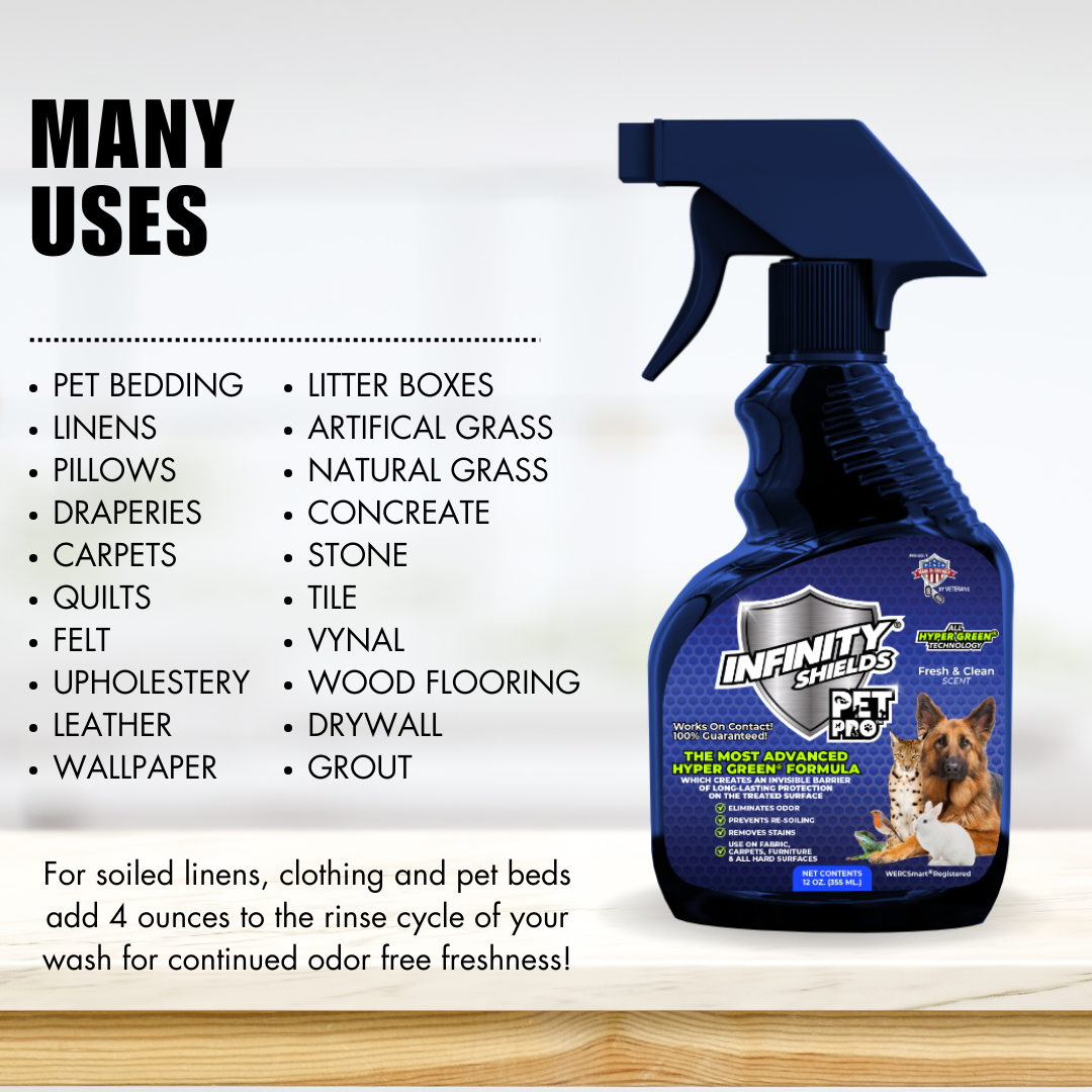 Infinity Shields Pet Pro™ | Odor & Stain Remover | Prevents Re-Soiling | 12oz Hyper Green Spray | Fresh & Clean Scent | Box of 12 Spray Bottles