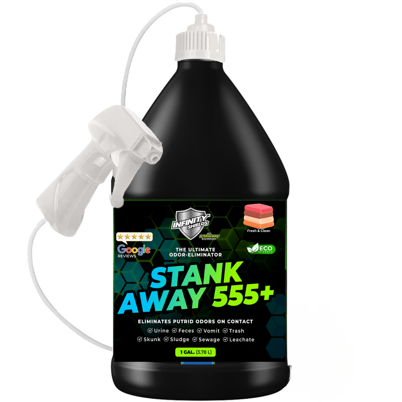 Infinity Shields Stank Away | 555Plus Hyper Green® Odor Eliminator | 128 oz Jug Remote Sprayer