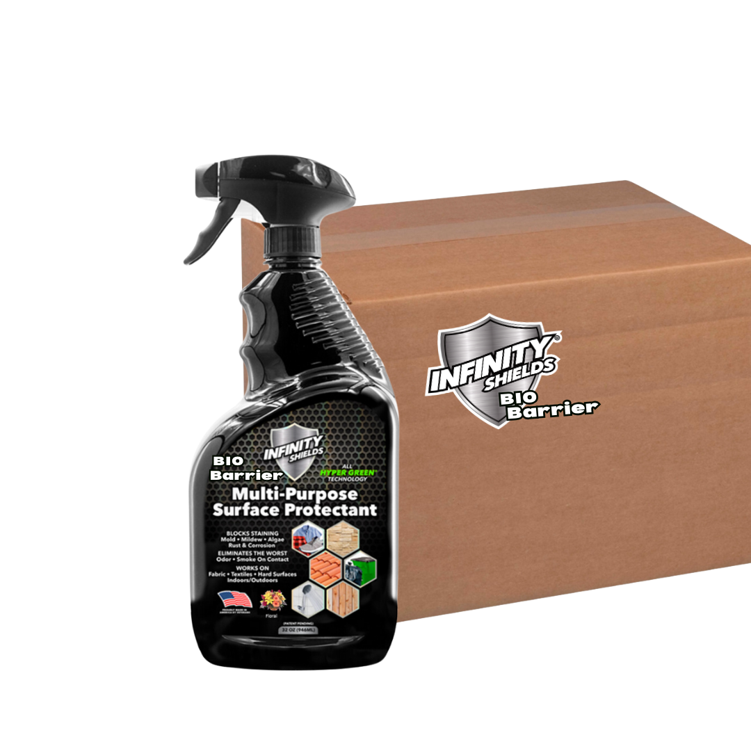 Infinity Shields® Bio Barrier | Multi-Surface Protectant | Creates a Lasting Barrier Against Stains, Odors, and Environmental Damage | 32 oz Trigger Spray Case of 12